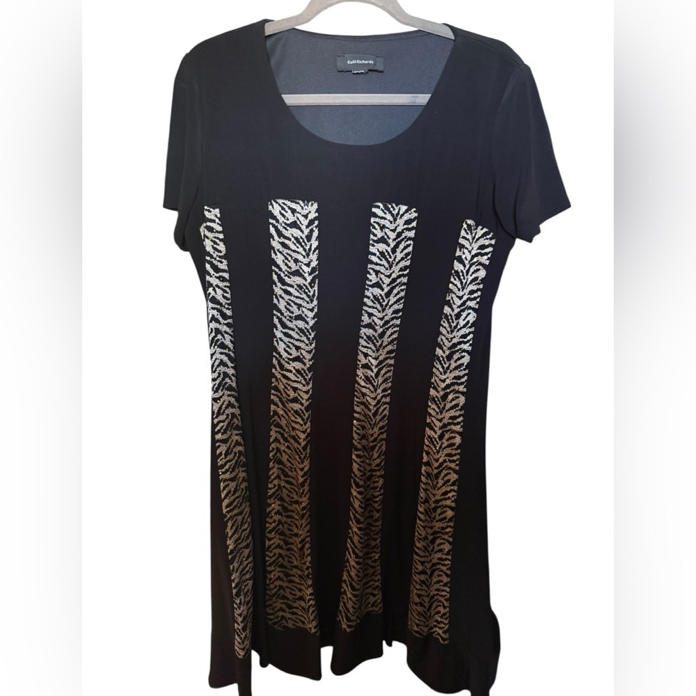 R&M Richards Dress L Black Zebra Sequin Tunic Swing Dress Stretch